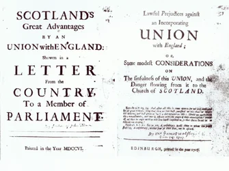 Pamphlete, die beide Seiten der anglo-schottischen Unionsdebatte zeigen, 1707